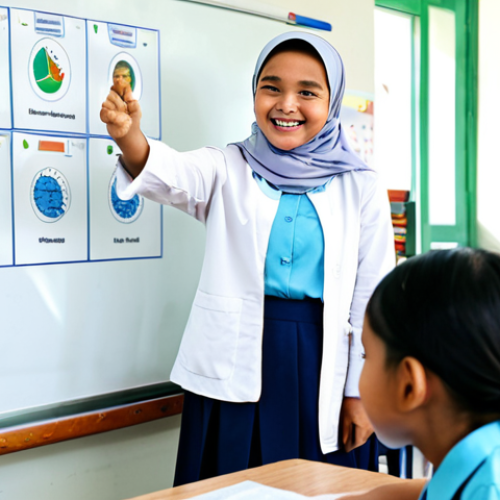 Home 11 Peranan Guru sebagai Pengukir Jiwa dan Inspirasi Intelektual**
A diverse group of cheerful Malaysian primary school students, fully clothed in modest school uniforms, actively engaged in a bright, modern classroom. A kind and professional female teacher, fully clothed in a modest baju kurung and headscarf, stands at the front, her expression warm and encouraging as she uses an interactive whiteboard to illustrate a historical story, inspiring curiosity and critical thinking. The classroom is brightly lit with natural light, featuring educational posters and comfortable seating arrangements. safe for work, appropriate content, fully clothed, family-friendly, perfect anatomy, correct proportions, natural pose, well-formed hands, proper finger count, natural body proportions, professional photography, high quality.
**