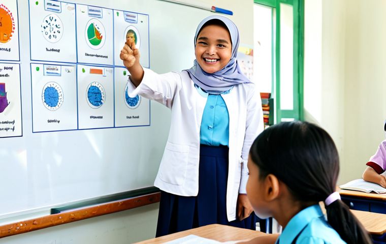 Peranan Guru sebagai Pengukir Jiwa dan Inspirasi Intelektual**
A diverse group of cheerful Malaysian primary school students, fully clothed in modest school uniforms, actively engaged in a bright, modern classroom. A kind and professional female teacher, fully clothed in a modest baju kurung and headscarf, stands at the front, her expression warm and encouraging as she uses an interactive whiteboard to illustrate a historical story, inspiring curiosity and critical thinking. The classroom is brightly lit with natural light, featuring educational posters and comfortable seating arrangements. safe for work, appropriate content, fully clothed, family-friendly, perfect anatomy, correct proportions, natural pose, well-formed hands, proper finger count, natural body proportions, professional photography, high quality.

**