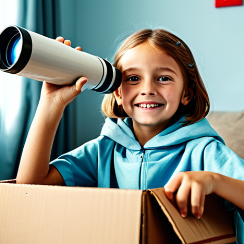 Home 6 A cheerful child, aged 6-8, fully clothed in comfortable, modest play attire, pretending to be an astronaut exploring a make-believe spaceship crafted from cardboard boxes and blankets in a sunlit living room. The child's expression is full of wonder and determination, holding a toy telescope. The scene should convey a sense of adventure and creativity. perfect anatomy, correct proportions, natural pose, well-formed hands, proper finger count, natural body proportions, professional photography, high quality, vibrant colors, soft lighting, safe for work, appropriate content, fully clothed, family-friendly.