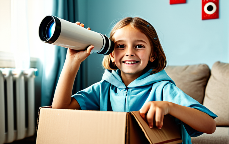 A cheerful child, aged 6-8, fully clothed in comfortable, modest play attire, pretending to be an astronaut exploring a make-believe spaceship crafted from cardboard boxes and blankets in a sunlit living room. The child's expression is full of wonder and determination, holding a toy telescope. The scene should convey a sense of adventure and creativity. perfect anatomy, correct proportions, natural pose, well-formed hands, proper finger count, natural body proportions, professional photography, high quality, vibrant colors, soft lighting, safe for work, appropriate content, fully clothed, family-friendly.