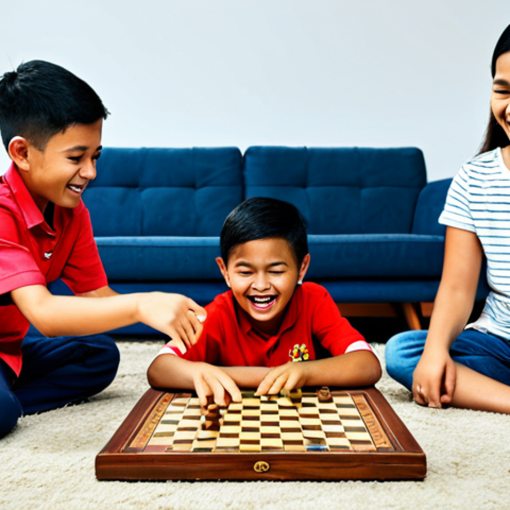 **Group of children playing board games:** "Children of diverse backgrounds fully clothed playing a traditional Malaysian board game like Congkak, happy expressions, living room setting, safe for work, appropriate content, modest attire, family-friendly, perfect anatomy, natural proportions, high quality."
