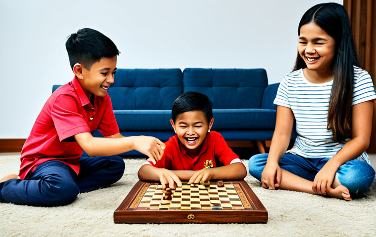 **Group of children playing board games:** "Children of diverse backgrounds fully clothed playing a traditional Malaysian board game like Congkak, happy expressions, living room setting, safe for work, appropriate content, modest attire, family-friendly, perfect anatomy, natural proportions, high quality."