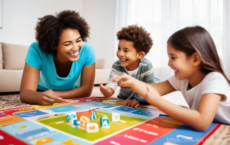 놀이 기반 언어 지도 - **Prompt 1: Joyful Family Board Game Learning**
"A vibrant, eye-level shot of a diverse family –...