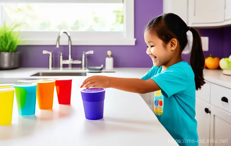아이와 함께하는 실험 놀이 - **"Rainbow Walking Water Experiment"**: A bright and cheerful scene featuring a Malaysian child, app...