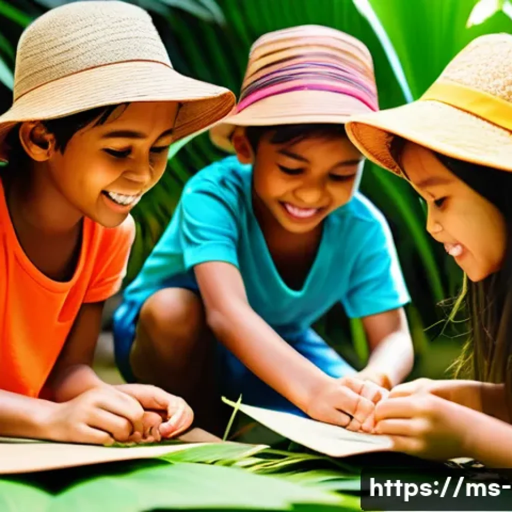 유아기 환경 교육 - A group of diverse Malaysian children aged 7-10 playing creatively outdoors in a lush tropical garde...