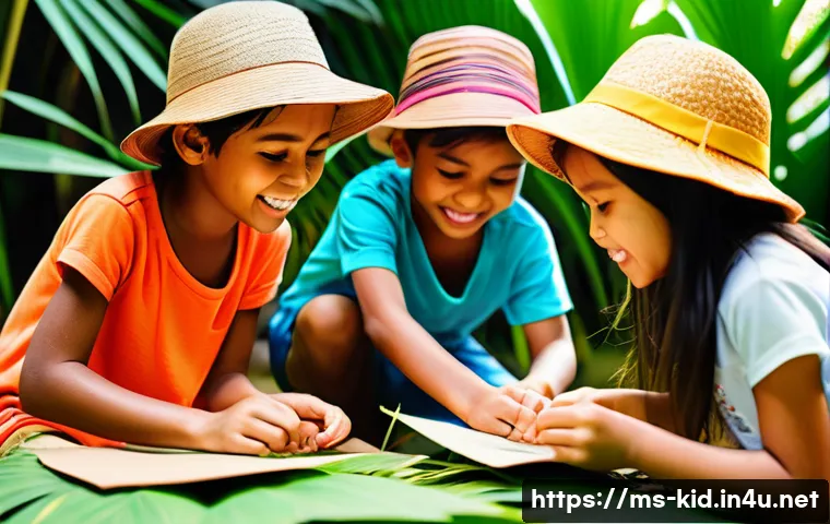 유아기 환경 교육 - A group of diverse Malaysian children aged 7-10 playing creatively outdoors in a lush tropical garde...