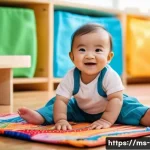 유아기 손 조작 능력 발달 - A joyful Malay baby wearing a colorful diaper, sitting on a soft play mat while reaching out with bo...