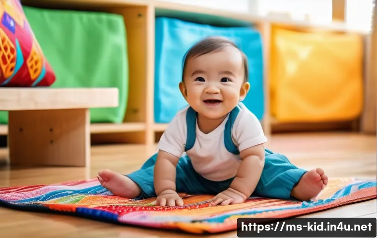 유아기 손 조작 능력 발달 - A joyful Malay baby wearing a colorful diaper, sitting on a soft play mat while reaching out with bo...
