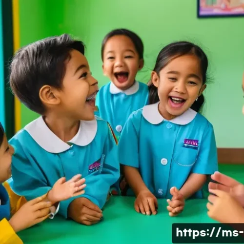 놀이를 통한 감정 표현 - A joyful group of Malaysian children aged 4-10 playing role-play games in a bright, colorful daycare...
