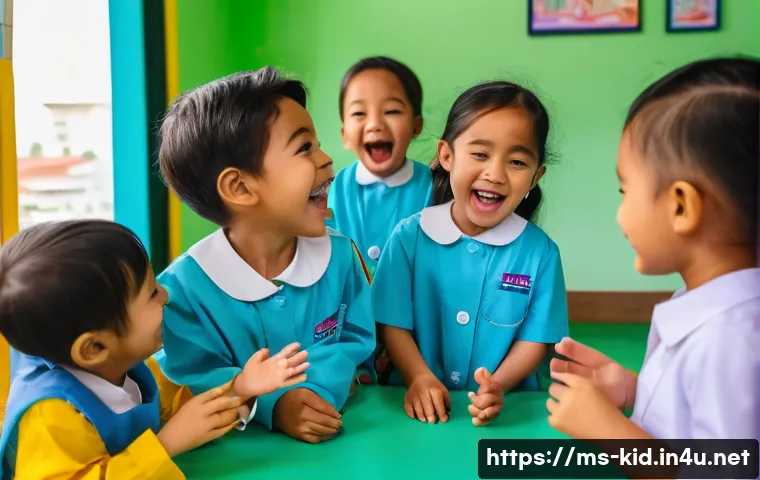놀이를 통한 감정 표현 - A joyful group of Malaysian children aged 4-10 playing role-play games in a bright, colorful daycare...