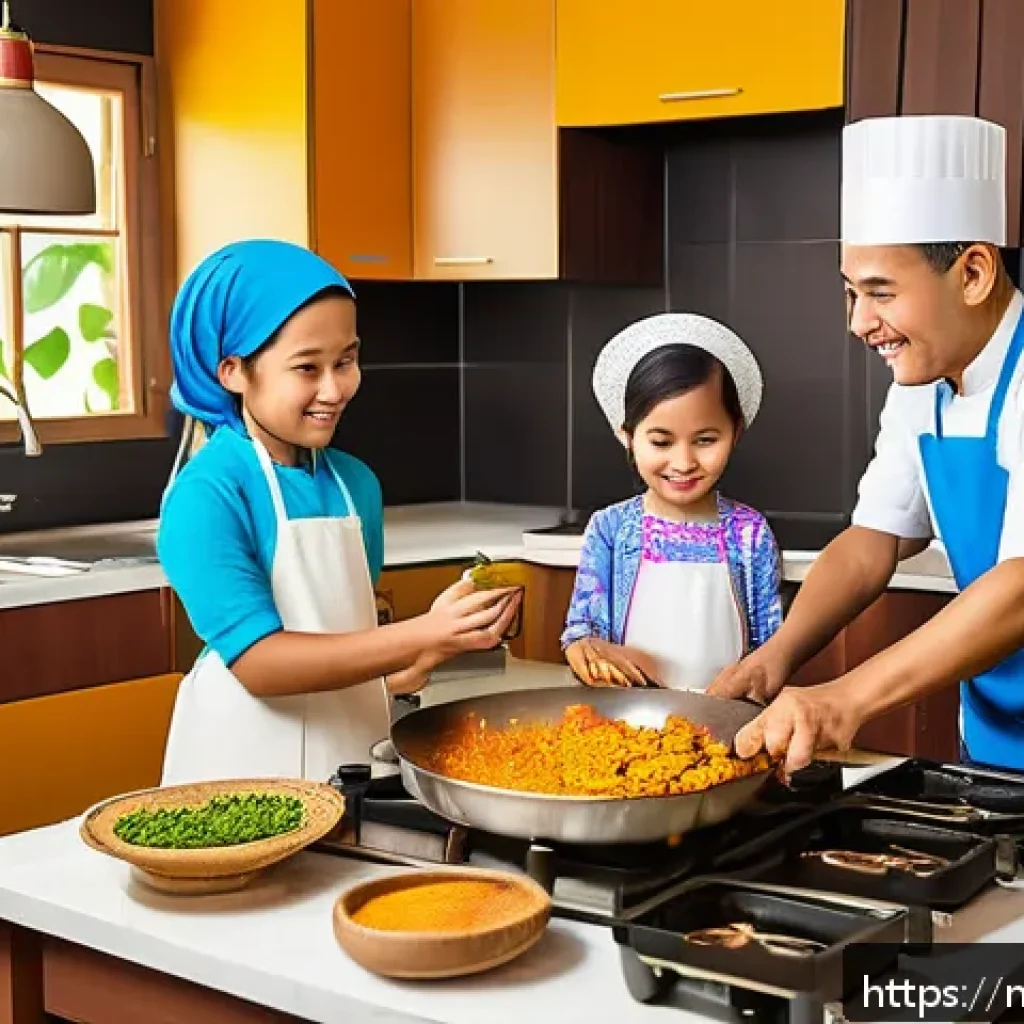 다문화 가정 유아 교육 - A warm and vibrant Malaysian family kitchen scene featuring a multicultural family cooking tradition...