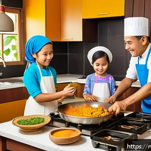 다문화 가정 유아 교육 - A warm and vibrant Malaysian family kitchen scene featuring a multicultural family cooking tradition...