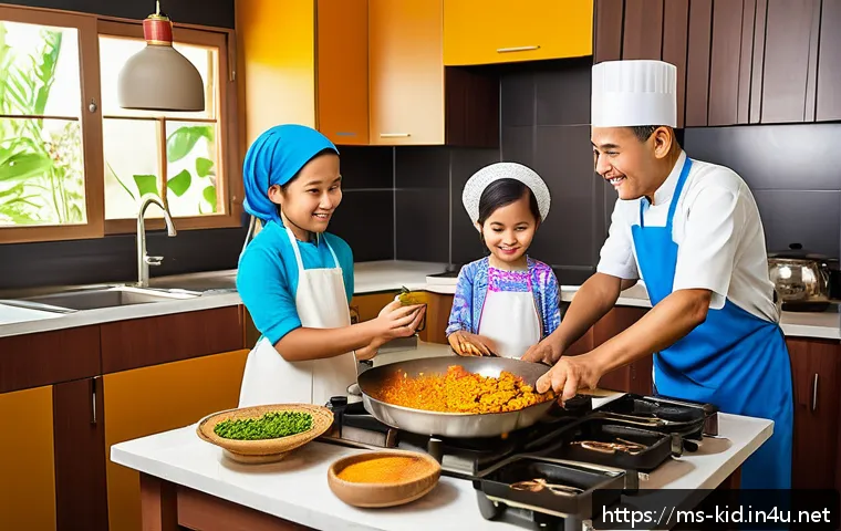 다문화 가정 유아 교육 - A warm and vibrant Malaysian family kitchen scene featuring a multicultural family cooking tradition...