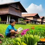 영유아 창의력 개발 - A joyful scene of Malay children and a parent outdoors in a lush tropical park, collecting natural m...