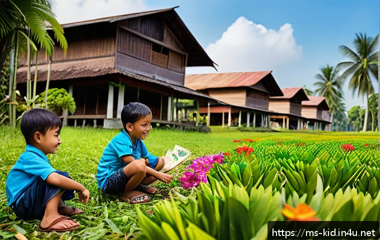영유아 창의력 개발 - A joyful scene of Malay children and a parent outdoors in a lush tropical park, collecting natural m...