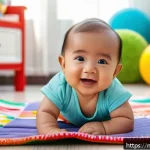 유아기 동작 발달 - A joyful Malay baby wearing a colorful diaper, lying on a soft play mat during tummy time, lifting t...
