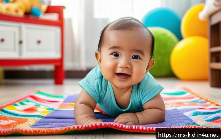 유아기 동작 발달 - A joyful Malay baby wearing a colorful diaper, lying on a soft play mat during tummy time, lifting t...