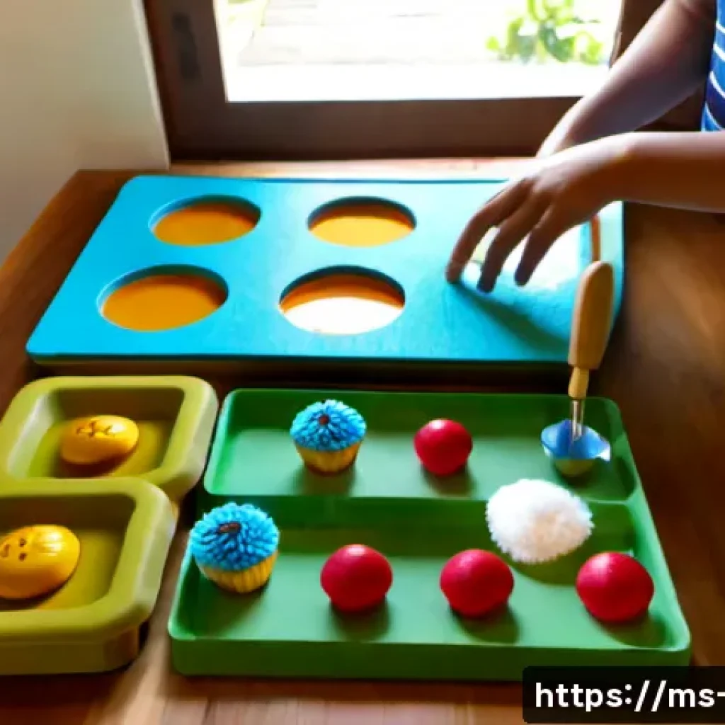 감각 놀이 교구 만들기 - Photorealistic overhead view of a Malaysian parent creating a homemade sensory board on a light wood...