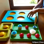 감각 놀이 교구 만들기 - Photorealistic overhead view of a Malaysian parent creating a homemade sensory board on a light wood...