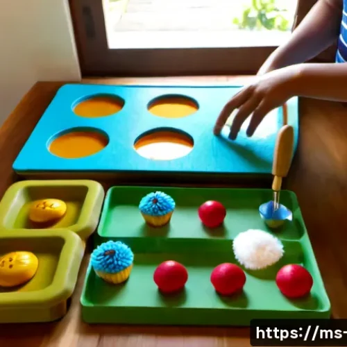 Home 17 감각 놀이 교구 만들기 - Photorealistic overhead view of a Malaysian parent creating a homemade sensory board on a light wood...