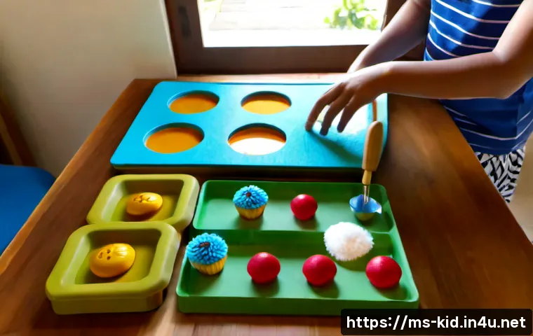 감각 놀이 교구 만들기 - Photorealistic overhead view of a Malaysian parent creating a homemade sensory board on a light wood...